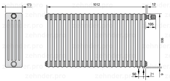 Схема (чертеж) Радиатор Zehnder Charleston 5090/22 №V002 Белый глянцевый RAL 9016